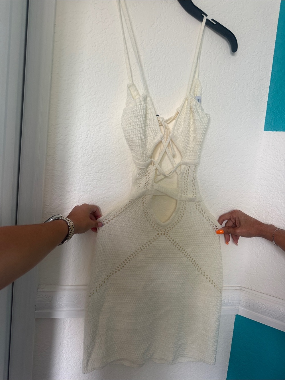 Cream Crochet Mini Dress with Lace-Up Front